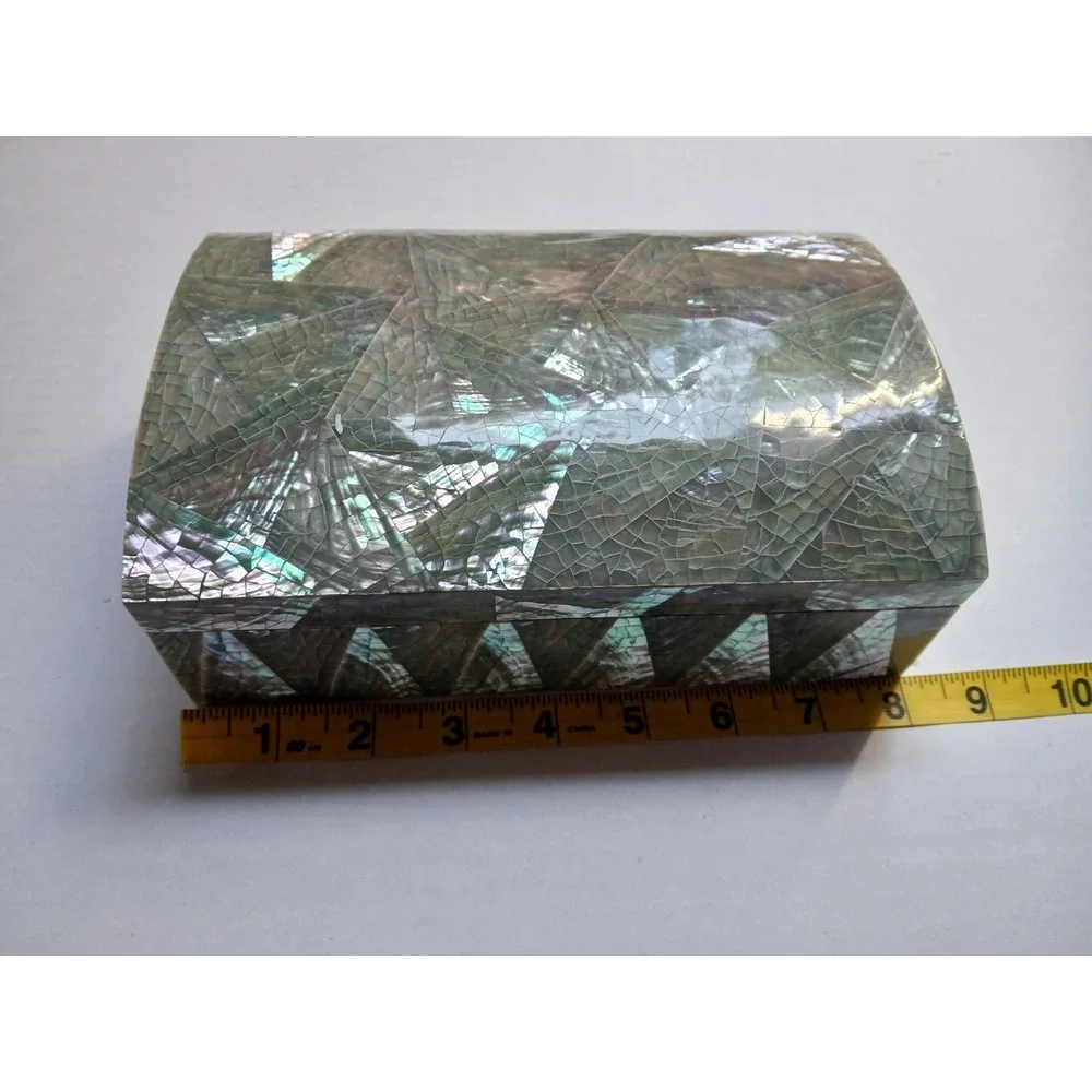 Vintage Iridescent Crackled Abalone‎ Mosaic Humpback Jewelry Box w/red Interior